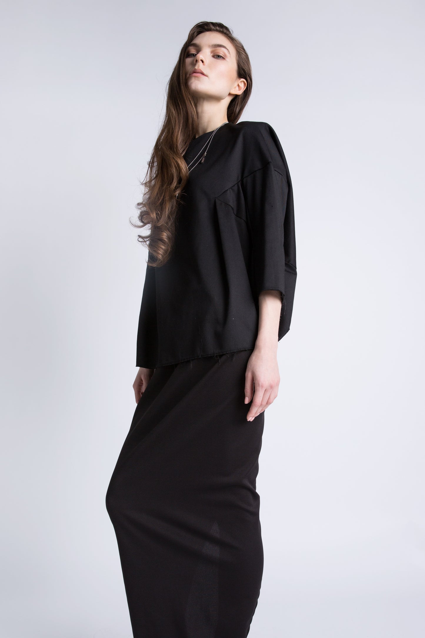 BLACK PLEATED SHIRT W/ CHIFFON CUFFLINKS